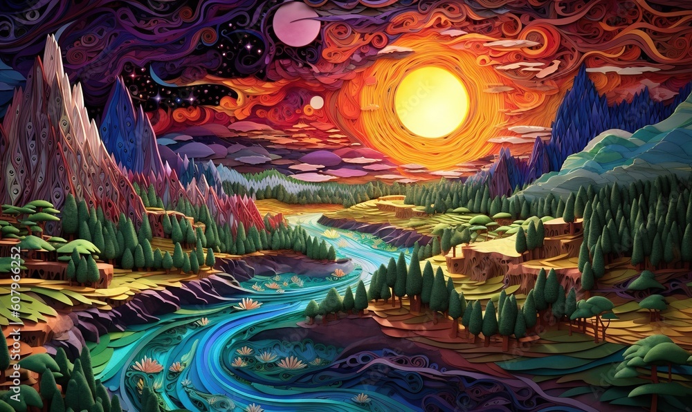 Poster a painting of a landscape with a river and mountains in the background and a sun setting in the sky 