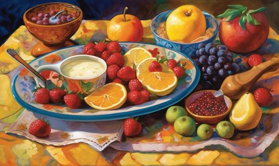Fototapeta na wymiar a painting of a plate of fruit and a bowl of fruit and a bowl of fruit and a bowl of fruit and a bowl of fruit. generative ai