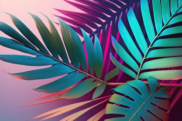 Tropical and palm fronds with holographic bright gradient colors. Artwork with a conceptual theme. Background with a touch of weirdness. Generative AI