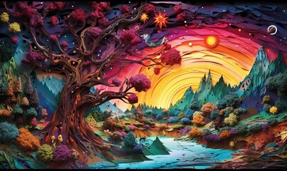  a painting of a colorful landscape with a tree and a river in the middle of the painting is a rainbow colored sky with stars and moon and stars.  generative ai