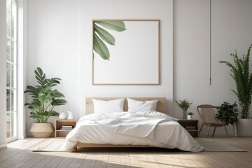 Above the bed in the bedroom was an empty frame. Large indoor plant lying on the ground. Generative AI