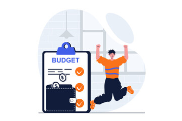 Business growth web concept with character scene. Man celebrating increase in financial profit and budget. People situation in flat design. Illustration for social media marketing material.