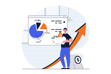 Business planning web concept with character scene. Man showing data presentation and savings in piggy bank. People situation in flat design. Illustration for social media marketing material.
