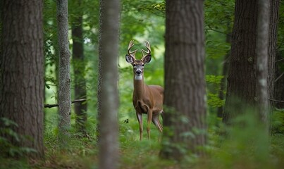  a deer standing in the middle of a forest looking at the camera.  generative ai