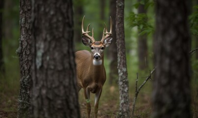  a deer standing in the middle of a forest next to trees.  generative ai