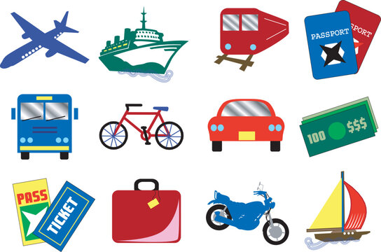 Twelve vector travel icons, also available as buttons.
