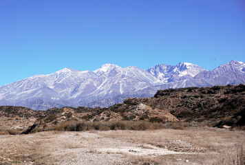 Landscape, snowy mountain in winter. Mendoza, Potrerillos, Argentina.