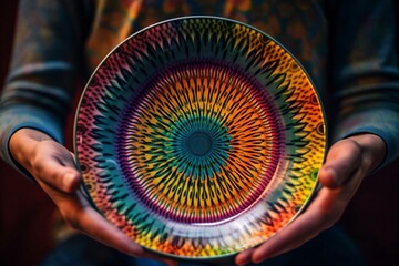 person holds a colorful painted plate in his hands created with Generative AI technology - obrazy, fototapety, plakaty