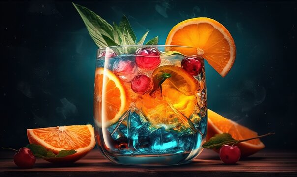  a glass filled with liquid and fruit on top of a table.  generative ai