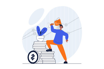Business success web concept with character scene. Man receives gold cup trophy and achieves financial goals. People situation in flat design. Illustration for social media marketing material.