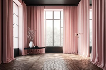 a room that is empty and has a pink wall, a herringbone wooden floor, a black frame window, and drapes. Generative AI