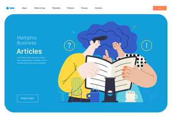 Memphis business illustration. Articles -modern flat vector concept illustration of people reading articles. Corporate business education metaphor.