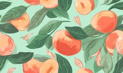  a pattern of peaches with leaves on a green background.  generative ai
