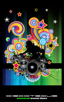 Rainbow Techno Discoteque Flyer with Abstract DJ silhouette.