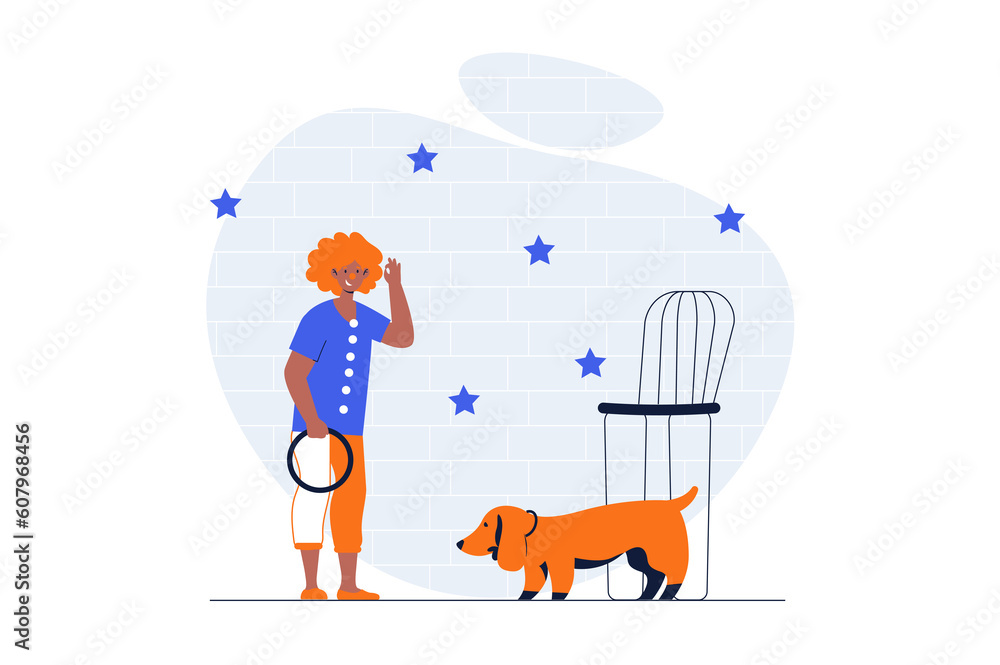Poster circus web concept with character scene. clown and circus animal trainer performing with dog on conc