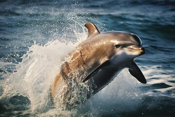 Happy striped dolphin jumping outside the sea at sunset