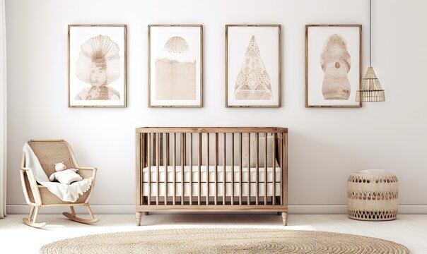  a baby's room with a crib, rocking chair and pictures on the wall.  generative ai