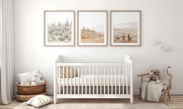  a baby's room with a white crib and two pictures on the wall.  generative ai