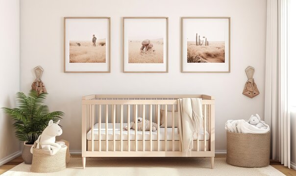  a baby's room with a crib and pictures on the wall.  generative ai