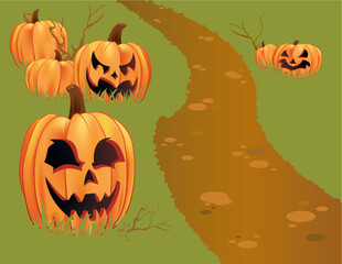 A pathway leads through a pumpkin patch filled with pumpkins and jack-O-lanterns.