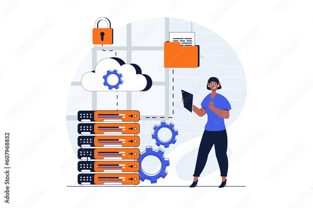 Poster cloud data center web concept with character scene. woman working in hardware room of servers and ho