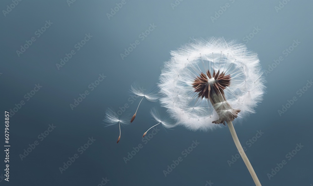 Poster a dandelion blowing in the wind on a clear day. generative ai