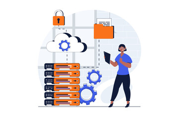 Cloud data center web concept with character scene. Woman working in hardware room of servers and hosting. People situation in flat design. Illustration for social media marketing material.