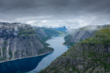 The amazing landscape of the Ringedalsvatnet Lake from Trolltunga scenic spot,  Norway