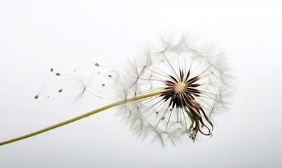  a dandelion is blowing in the wind on a white background.  generative ai