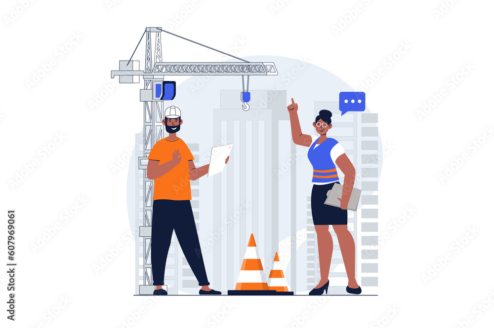 Poster construction engineer web concept with character scene. woman and man creating blueprint of building