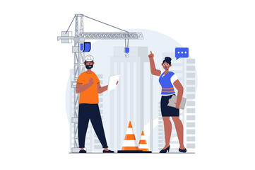 Construction engineer web concept with character scene. Woman and man creating blueprint of building houses. People situation in flat design. Illustration for social media marketing material.