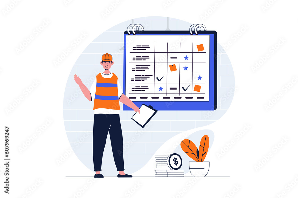 Leinwandbilder Construction engineer web concept with character scene. Man creating plan and deadline for building process. People situation in flat design. Illustration for social media marketing material.