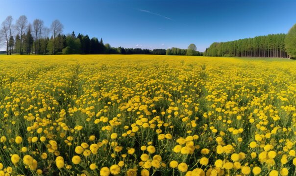  a large field of yellow flowers with trees in the background.  generative ai