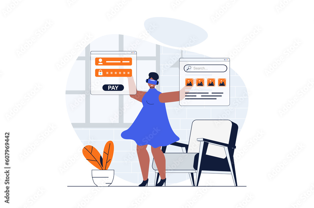 Poster cyberspace web concept with character scene. woman in vr works and interacts with screens in virtual