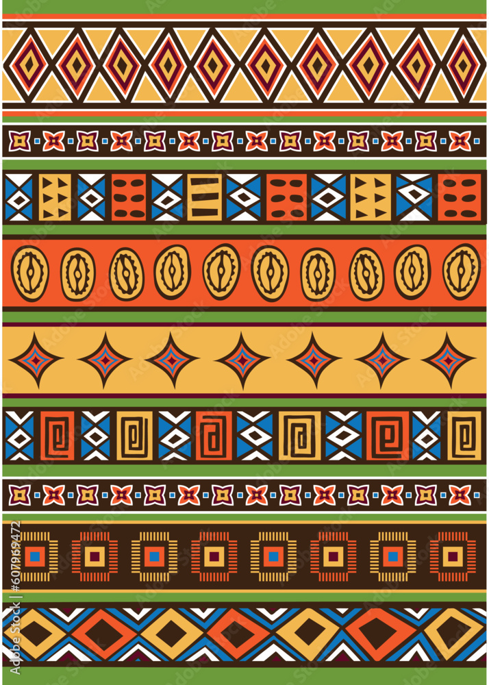 Poster vector set including ethnic african pattern with multicolored typical elements