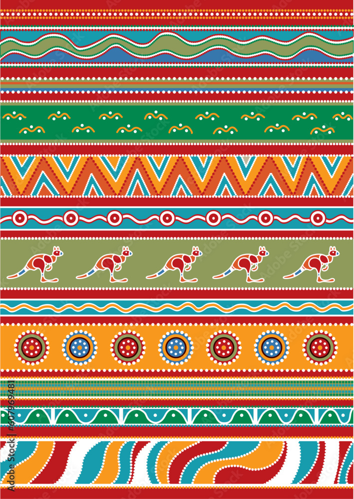 Poster vector patterns including ethnic australian motive with multicolored typical elements
