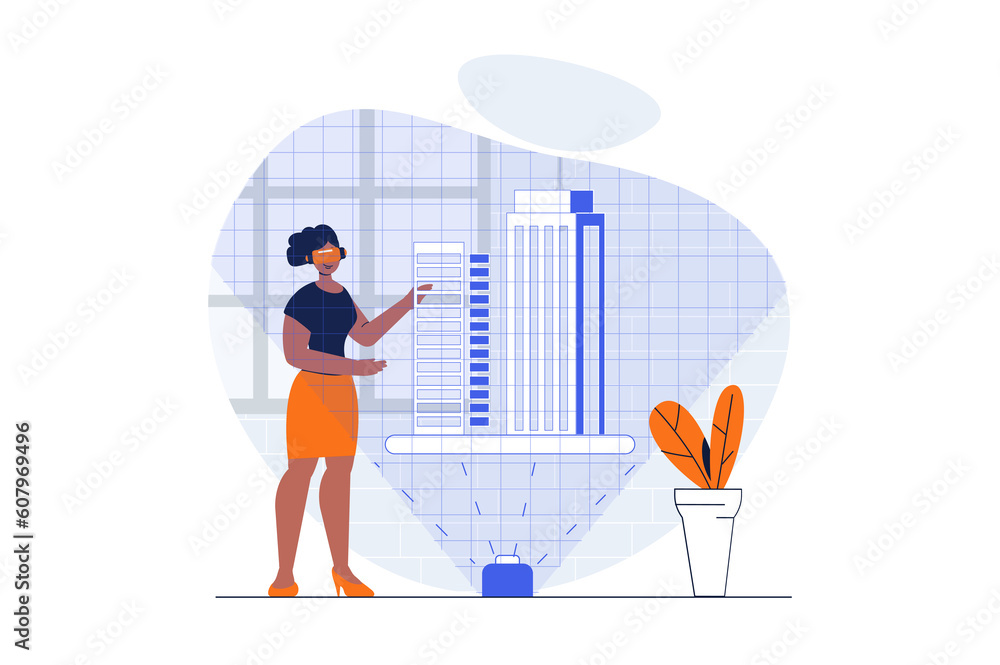 Leinwandbilder cyberspace web concept with character scene. woman in vr creating buildings hologram for architect p
