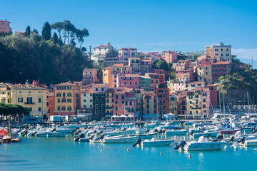 Fototapeta na wymiar Lerici, Italy, 13 April 2022: View of the seaside colorful town of Lerici in Liguria