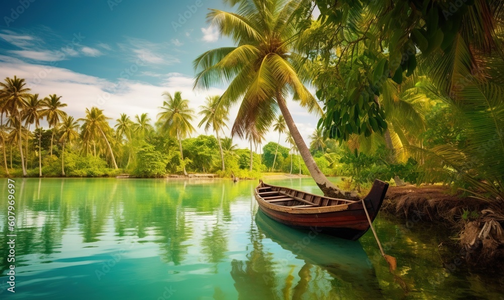 Poster a boat on a river with palm trees in the background. generative ai