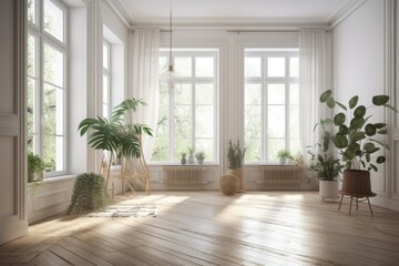 A stylish vacant room with picture windows, a parquet wooden floor, traditional shutters, and decorations in pots. Interior design concept with text space on a white background. Generative AI