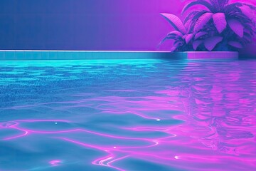 Fototapeta na wymiar Wallpaper in a modern style The water in the blue pink vaporwave swimming pool relaxes. Vacation fantasy time concept. Generative AI