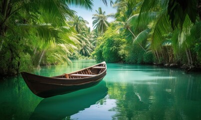  a boat floating on top of a river next to a lush green forest.  generative ai