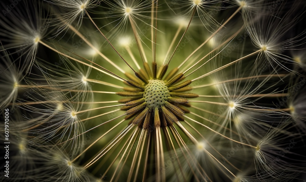 Poster a close up of a dandelion with lots of seeds. generative ai