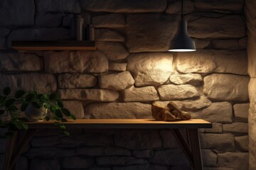 a stone wall and a lamp in the nighttime interior with a wooden shelf. Generative AI