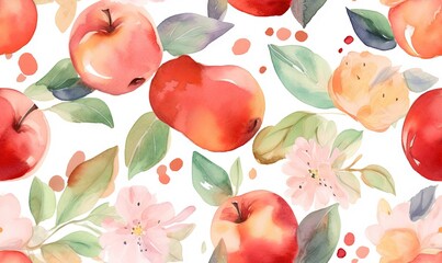  a watercolor painting of apples and flowers on a white background.  generative ai