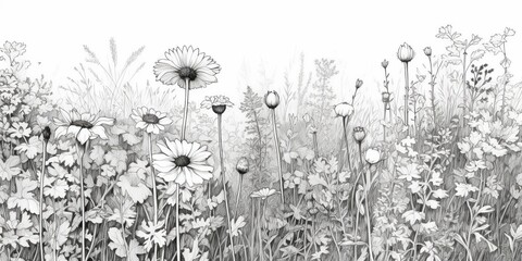 AI Generated. AI Generative. Illustration of coloring book with wildflowers garden. Kids adult meditation drawing color. Graphic Art - obrazy, fototapety, plakaty