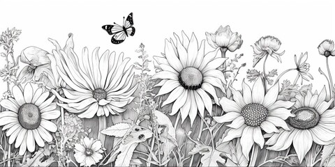 AI Generated. AI Generative. Illustration of coloring book with wildflowers garden. Kids adult meditation drawing color. Graphic Art