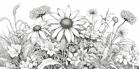 AI Generated. AI Generative. Illustration of coloring book with wildflowers garden. Kids adult meditation drawing color. Graphic Art