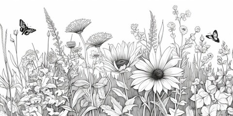 AI Generated. AI Generative. Illustration of coloring book with wildflowers garden. Kids adult meditation drawing color. Graphic Art