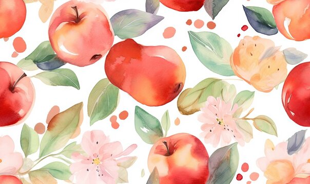  a watercolor painting of apples and flowers on a white background.  generative ai